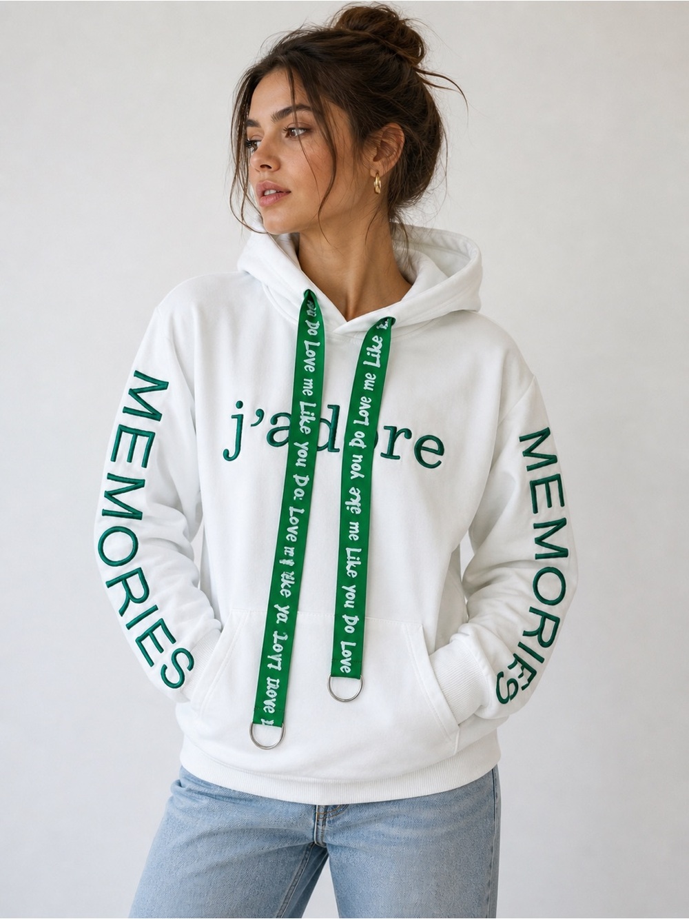 Paris J’adore White Graphic Hoodie Green Accents Streetwear Hoodie S